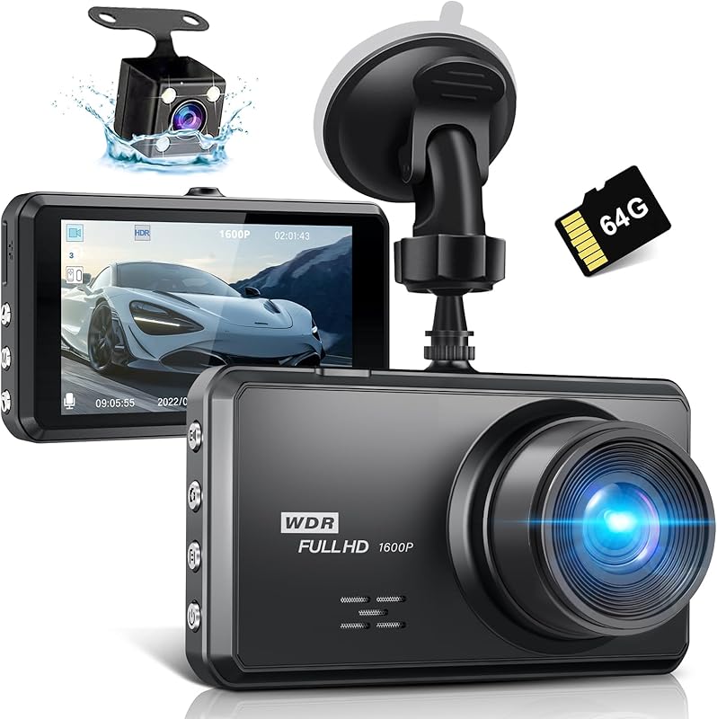 Miden S7 2.5K Dashcam Voiture Avant Arrière,Carte SD 64G,Camera Embarquée Voiture 1600P+1080P FHD,IPS 3.2" Camera Voiture Grand Angle de 336 °,G-Capteur,WDR,24H Mode Parking,Enregistrement en Boucle