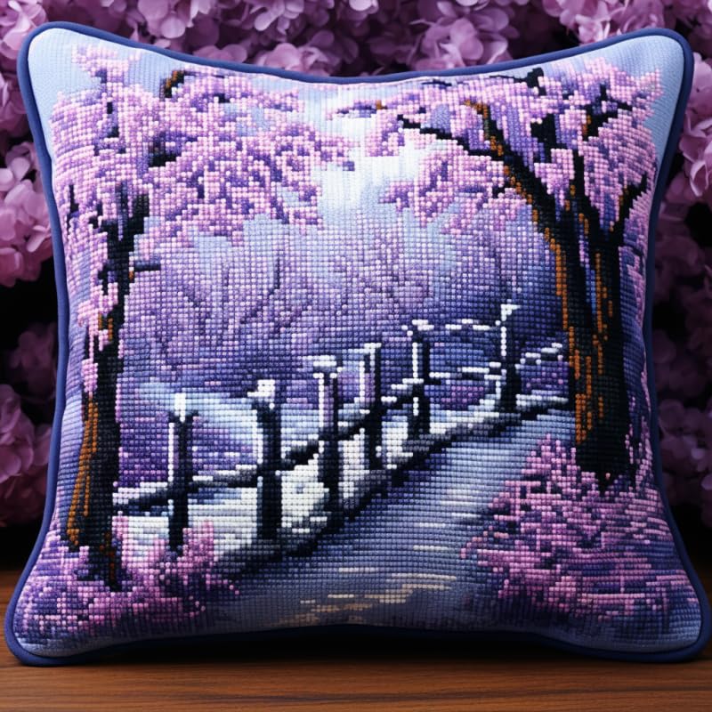 Image of Latch Hook Pillowcase Kits Purple Cherry Blossom Latch Hook kit Cushion Throw Pillow Embroidery Craft Kits for Beginner DIY Latch Hook Rug Kit with Printed Canvas Hobby & Craft 43x43cm