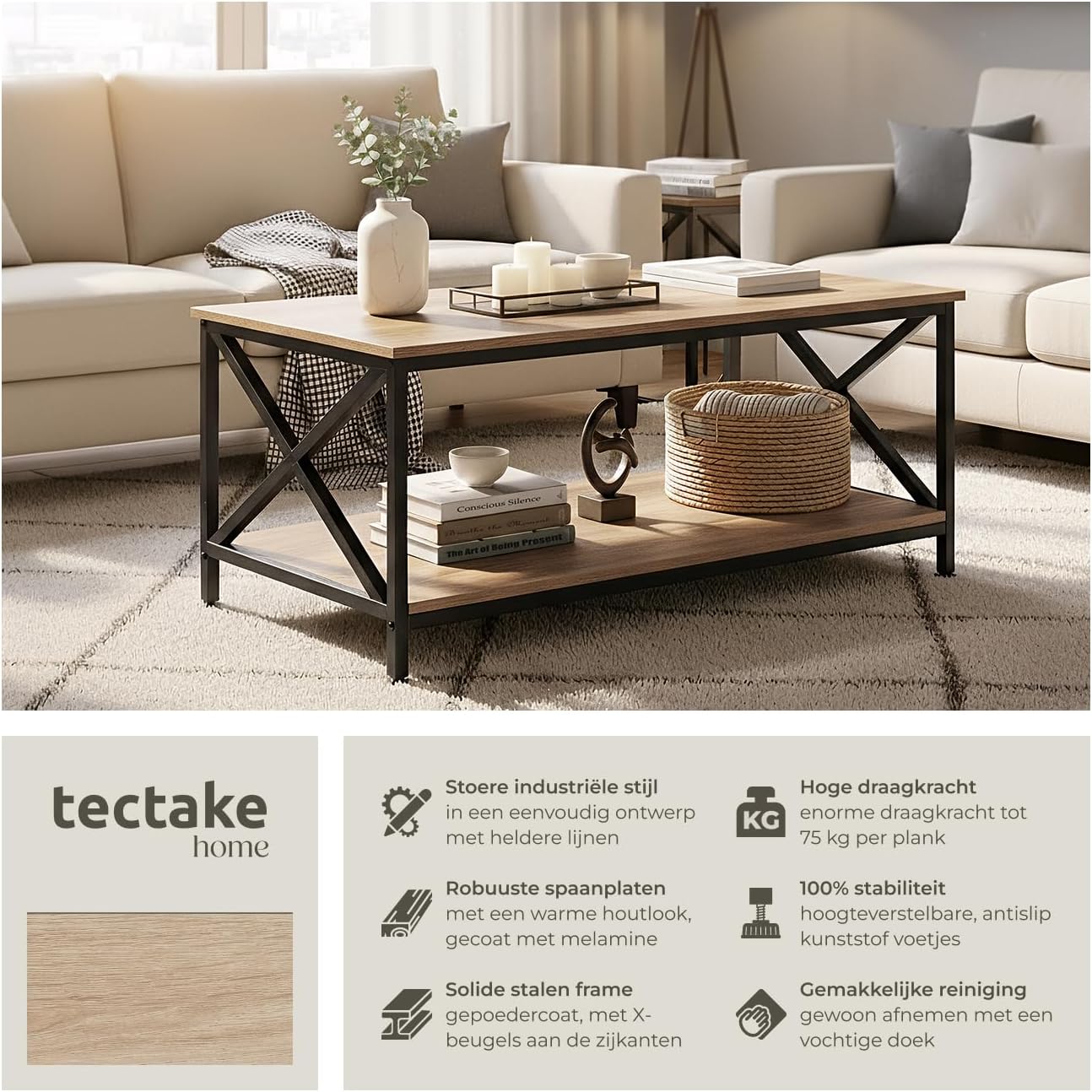 Diagram showing all components and dimensions of the tectake 801000 coffee table.