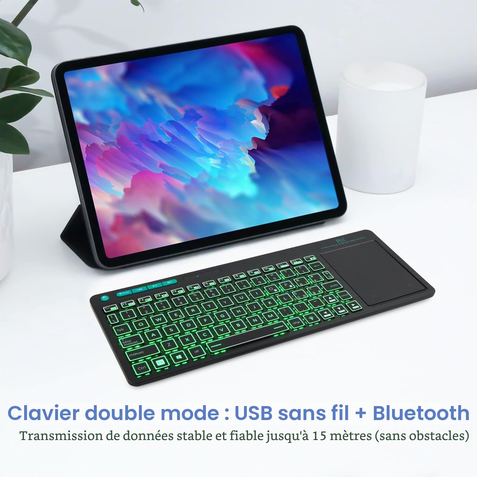Rii Mini i18S Wireless + Bluetooth Clavier compact avec grande souris Touchpad et rétroéclairage LED, compatible avec Smart TV, TV Box, tablette, smartphone, console, PC, Fire TV, Raspberry