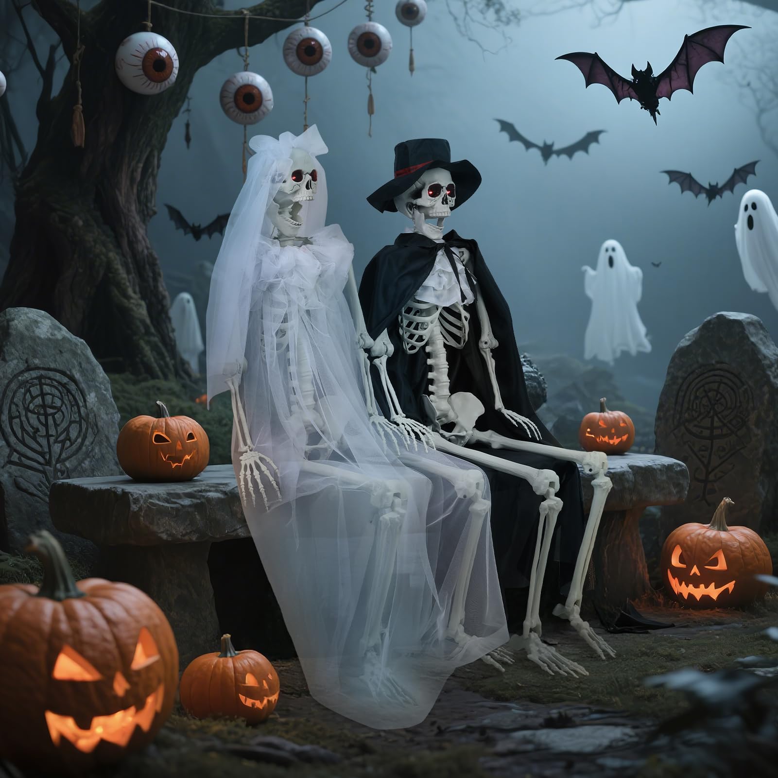 Szkielety halloweenowe naturalnej wielkości możliwy szkielet para panna młoda pan młody nawiedzony dom rekwizyt ruchome stawy świecące oczy efekty dźwiękowe wewnątrz na zewnątrz podwórko dekoracje