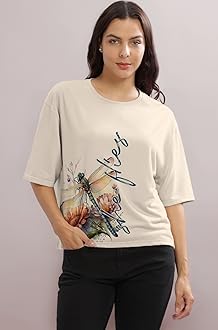 HELLCAT Beige Printed Loose Fit Crew-Neck Crop T-Shirt for Women