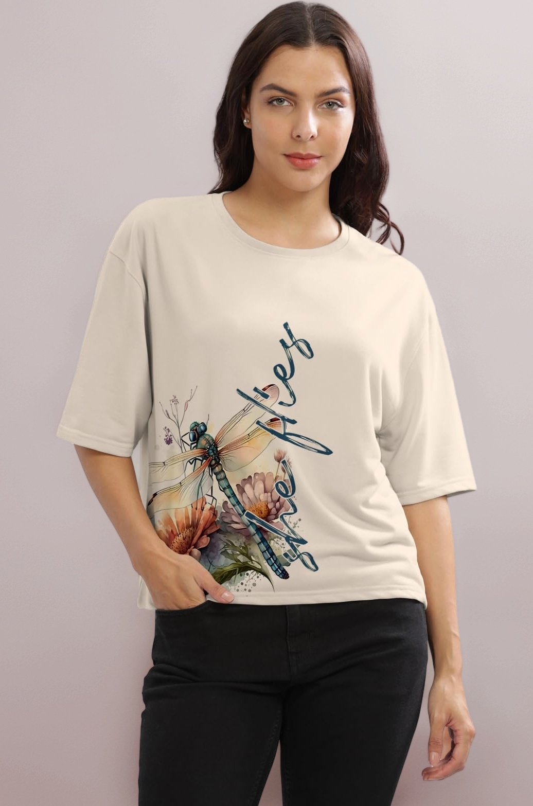 HELLCAT Beige Printed Loose Fit Crew-Neck Crop T-Shirt for Women