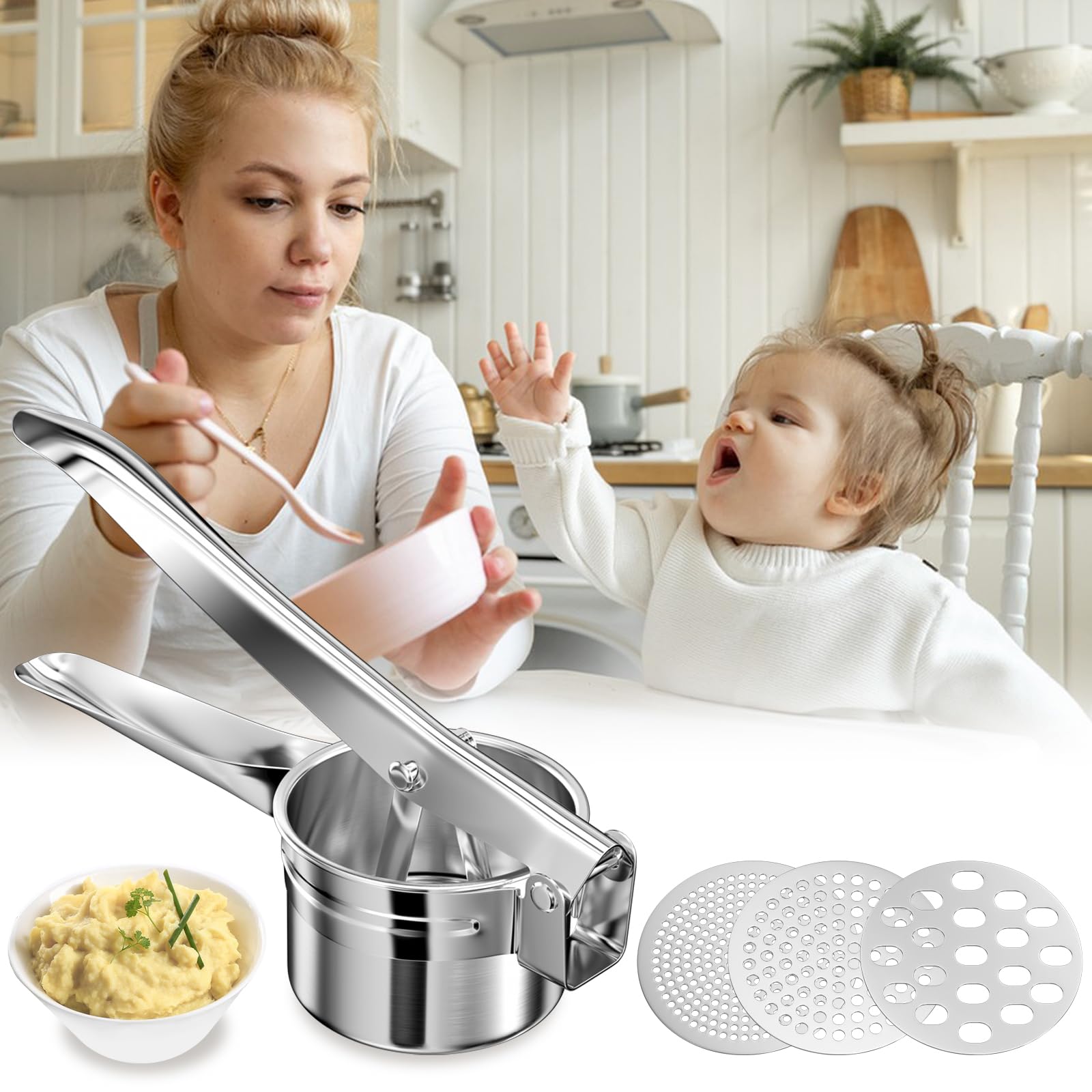 Brevanza Smasher, Pasta Fresca Prensa Colador, Acero Inoxidable Corta Pure de Patatas Machacador, Aplastador Chafador Máquina Potato Masher Molde de Puré de Verduras Cocidas Pasapurés