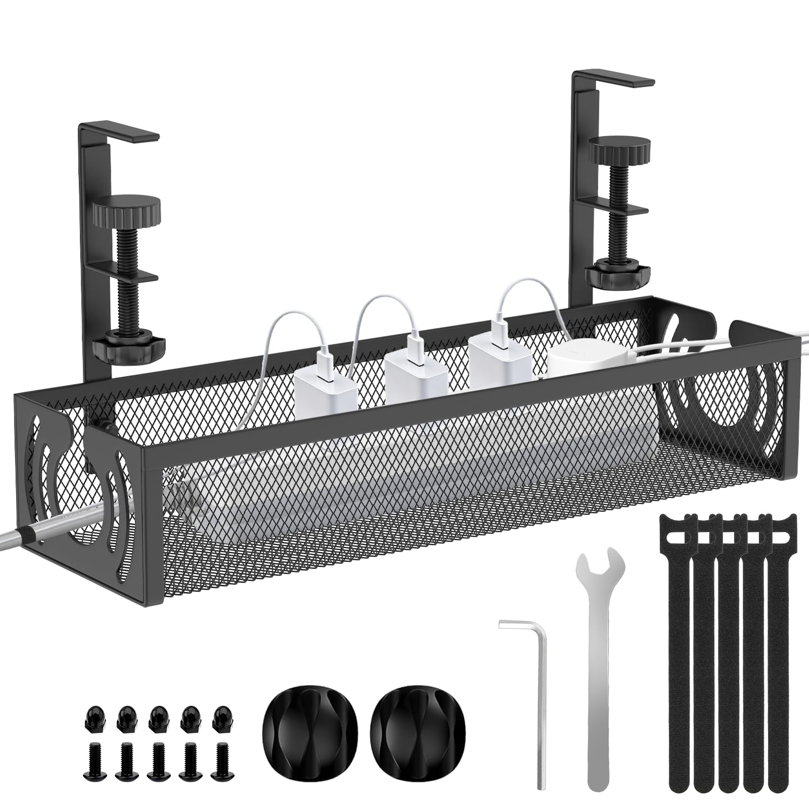 Cable Management, 15'' Under Desk Cable Management Tray No Drill, Metal Cable Organizer with Clamp for Wire Management, Cord Organizer for Home Office, Desk Accessories Organizer, Black