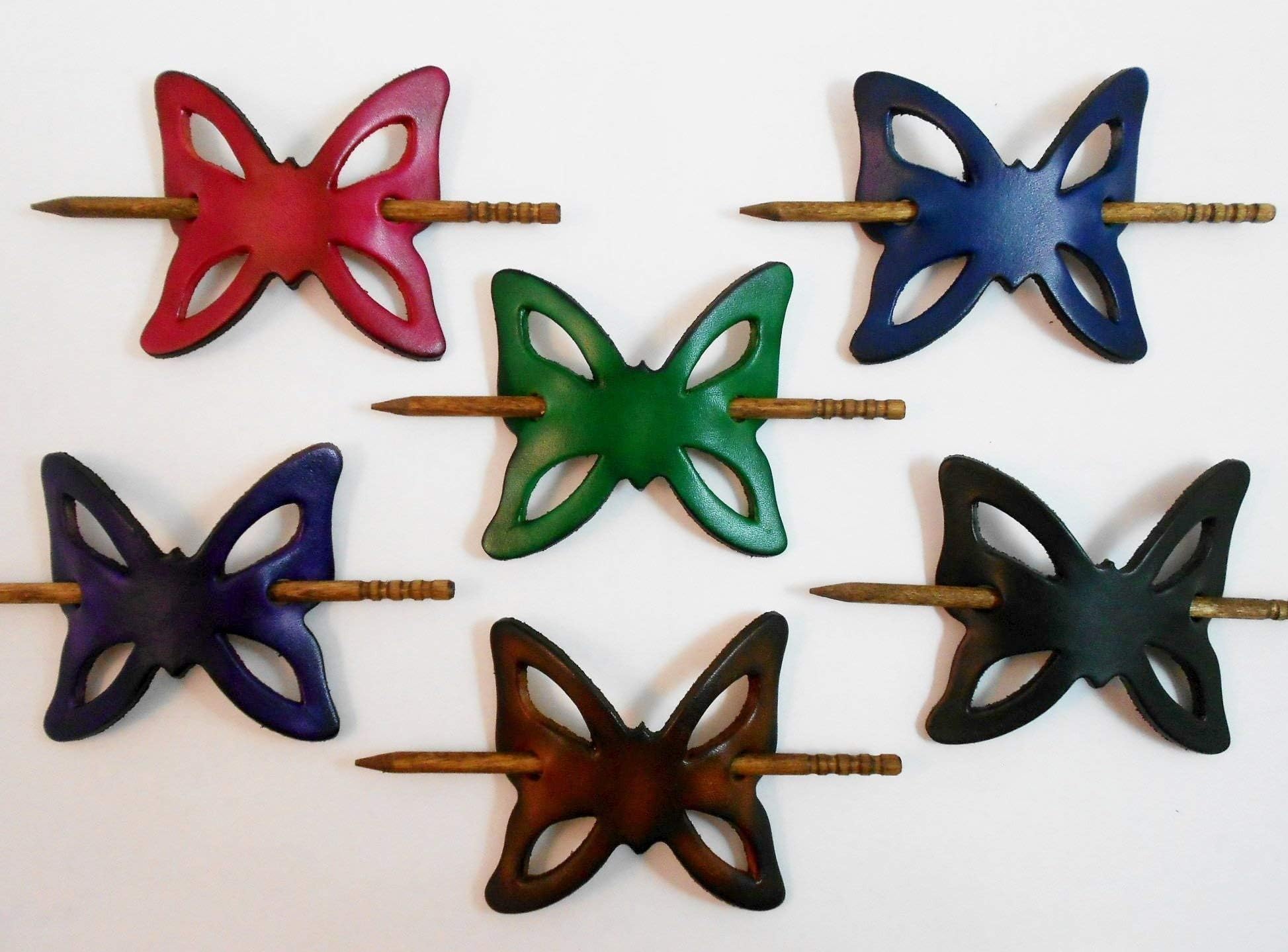 Made in USA - 2 Large GENUINE THICK LEATHER Butterfly Hair Barrettes w Sticks, Ponytail Holders, Choice of Colors