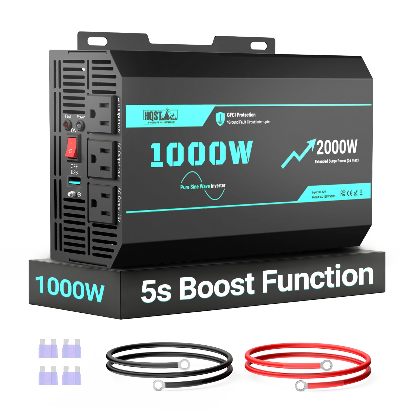 HQST 1000W Pure Sine Wave Inverter, GFCI Protection, 12V to 120V