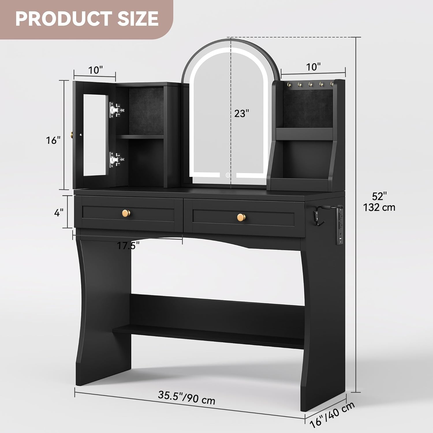 yitahome vanity desk with mirror & light, makeup vanity table with power outlets and jewelry organizers cabinet, dressing table with hair dryer rack, 2 drawers, cute curved design for bedroom, black black modern