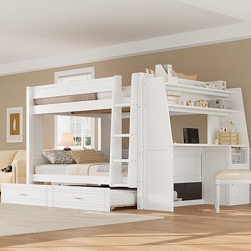 Ball & Cast Full Size Bunk Bed with Desk,Multifunctional Wood Bunkbed w/Bookshelves and Daybed with Trundle,Stairs,Full-Length Guardrail,Bedroom Furniture for Student Dorms,White