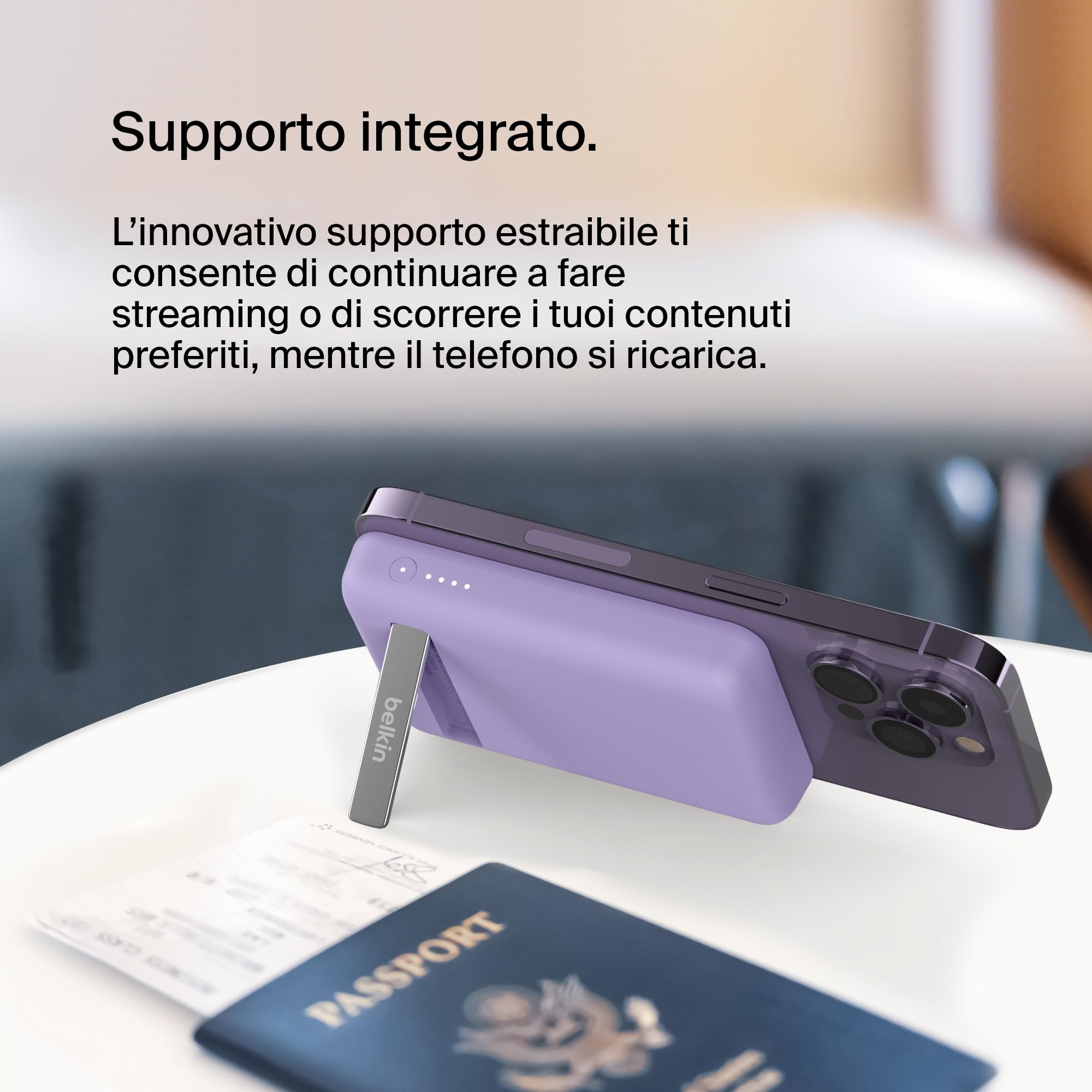 Belkin Batteria esterna wireless magnetica da 5000 mAh, caricabatteria portatile con MagSafe, ricarica passante, uscita da 7,5 W, ingresso da 10 W, supporto estraibile, iPhone 17/16/15/14/13, Viola