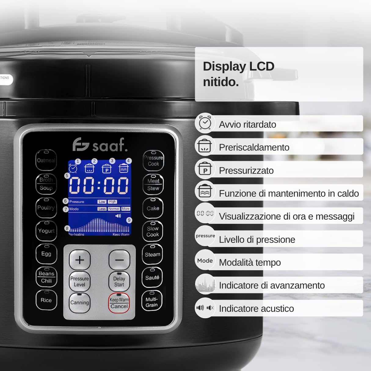 Saaf Multicooker – Set 11 Pezzi – 12 Programmi – Slowcooker, Cuociriso, Vaporizzatore & Pentola a Pressione – 6L – Include Coperchio, Pentola, Cucchiaio, Misurino & Ricettario – Display Digitale