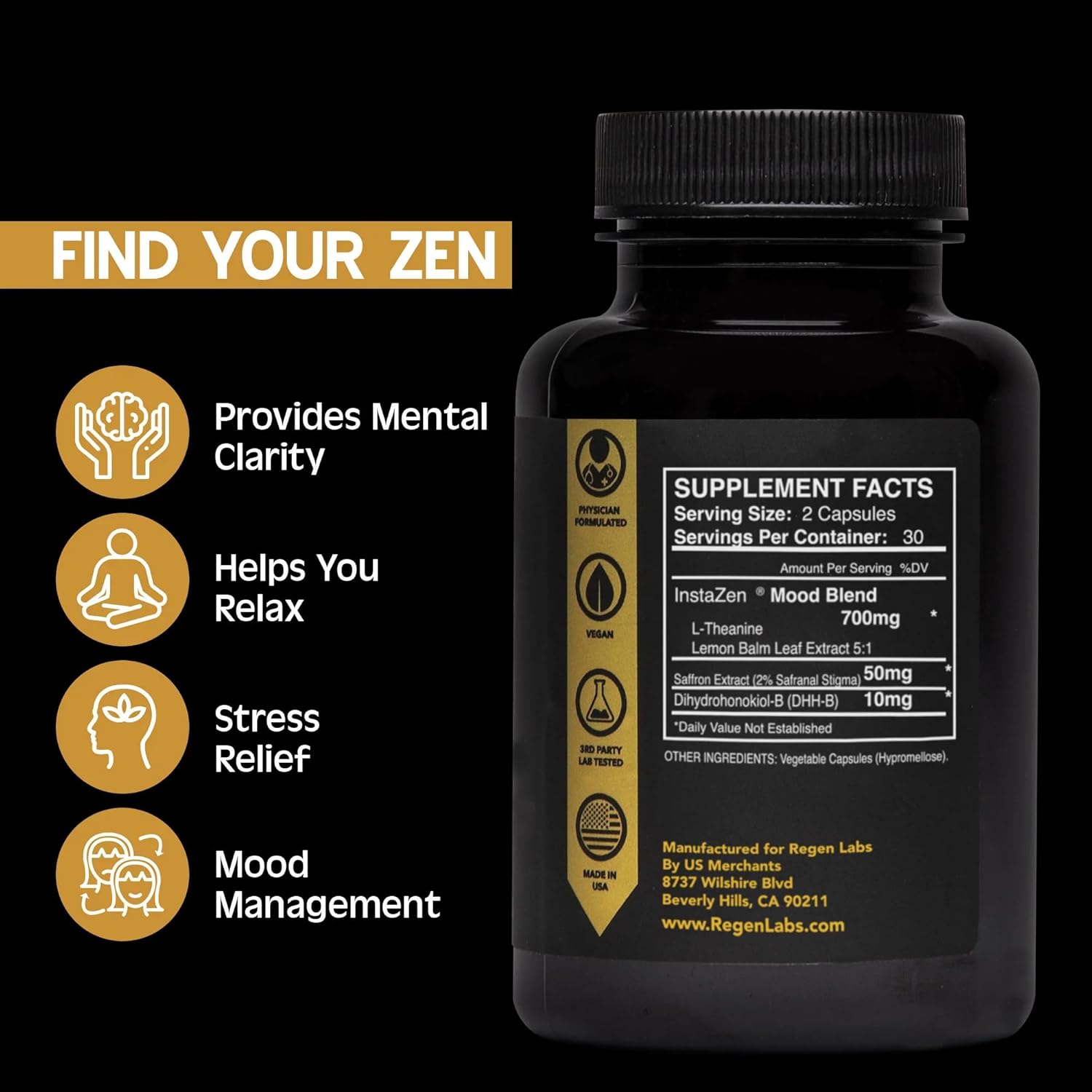 InstaZen Natural Stress Relief Supplement Mood Support | Doctor Formulated Herbal Calm Formula with DHHB, Safranal Extract, L-Theanine, Lemon Balm | Stress Support - 60 Capsules Regen Labs