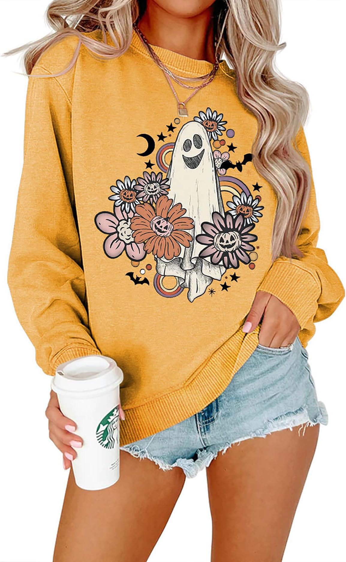 micidad Women's Halloween Sweatshirt Long Sleeve Pumpkin Ghost Bat Print Sweatshirt Casual Loose Crewneck Pullover Tops