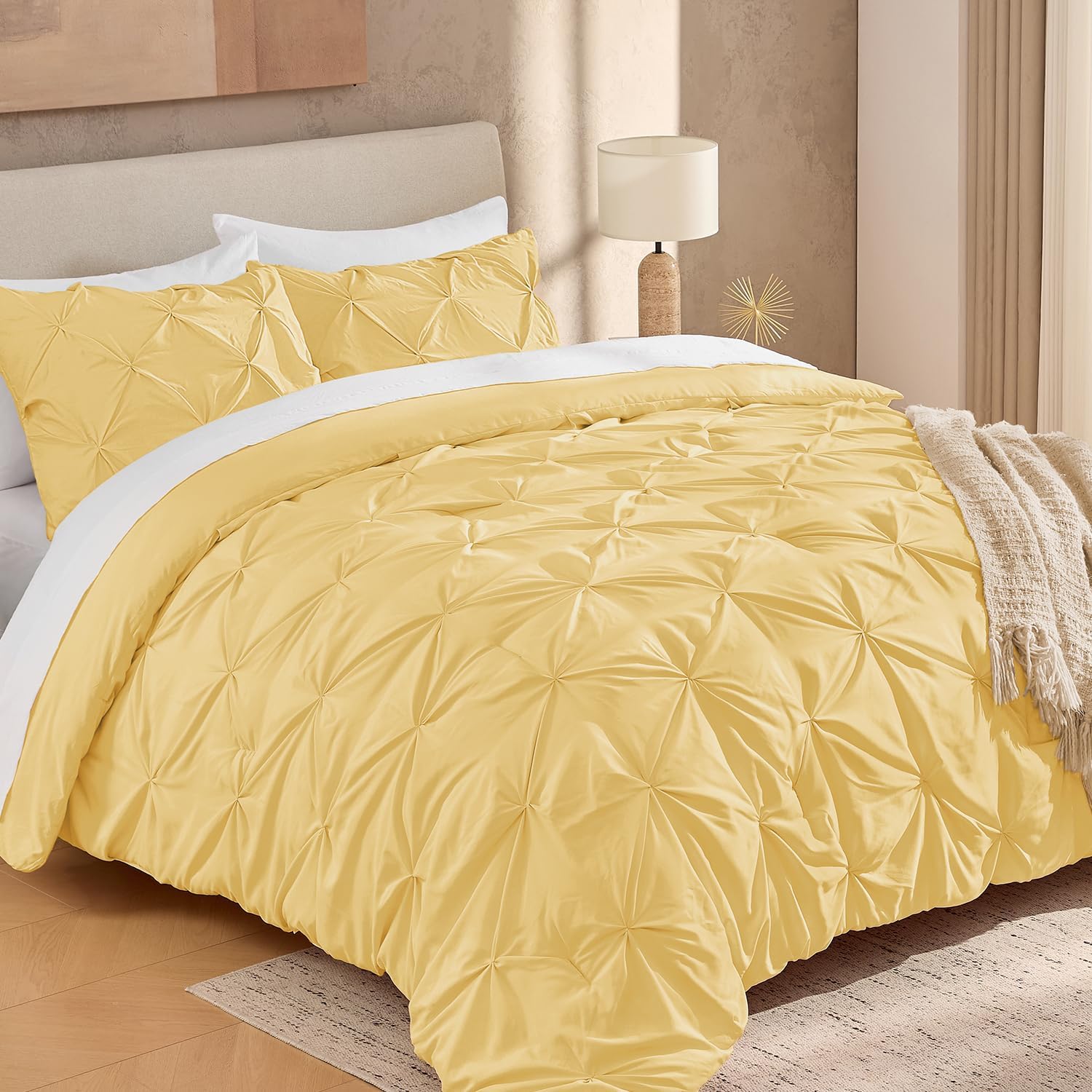 Andency Yellow Pinch Pleat Comforter Queen(90x90Inch), 3 Pieces(1 Pintuck Comforter and 2 Pillowcases) Pintuck Comforter Set, Microfiber All Season Down Alternative Bedding Set