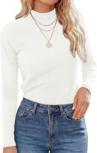 Elesomo Women's Mock Turtle Neck Long Sleeve Tops Casual Fall T Shirts, White XL