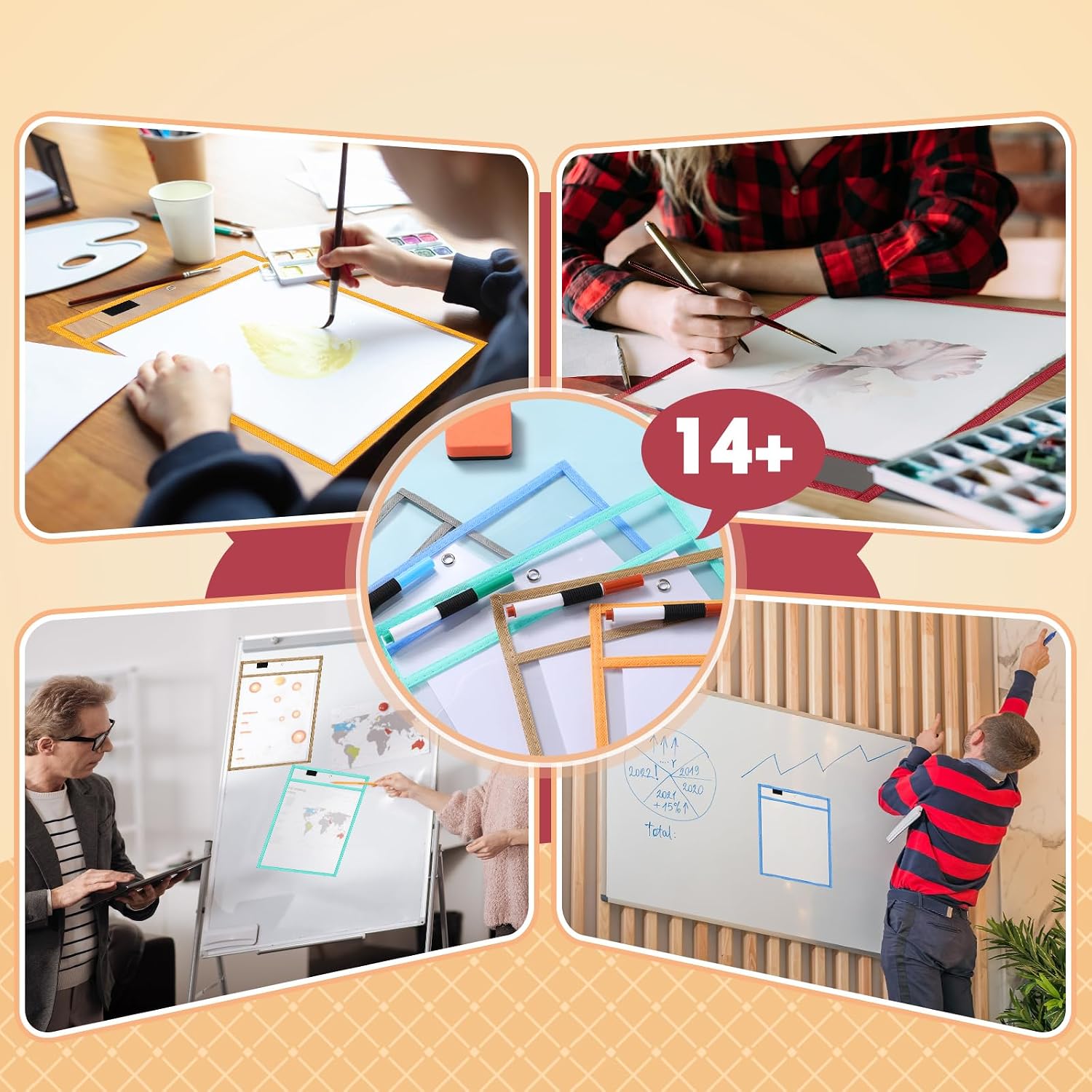 Watersay 42 Pack Dry Erase Pocket Reusable Sleeves 10" x 14" Graduation Clear Plastic Sheet Protectors with Dry Erase Markers and Mini Sleeves Paper Teacher Supplies(Light Boho)