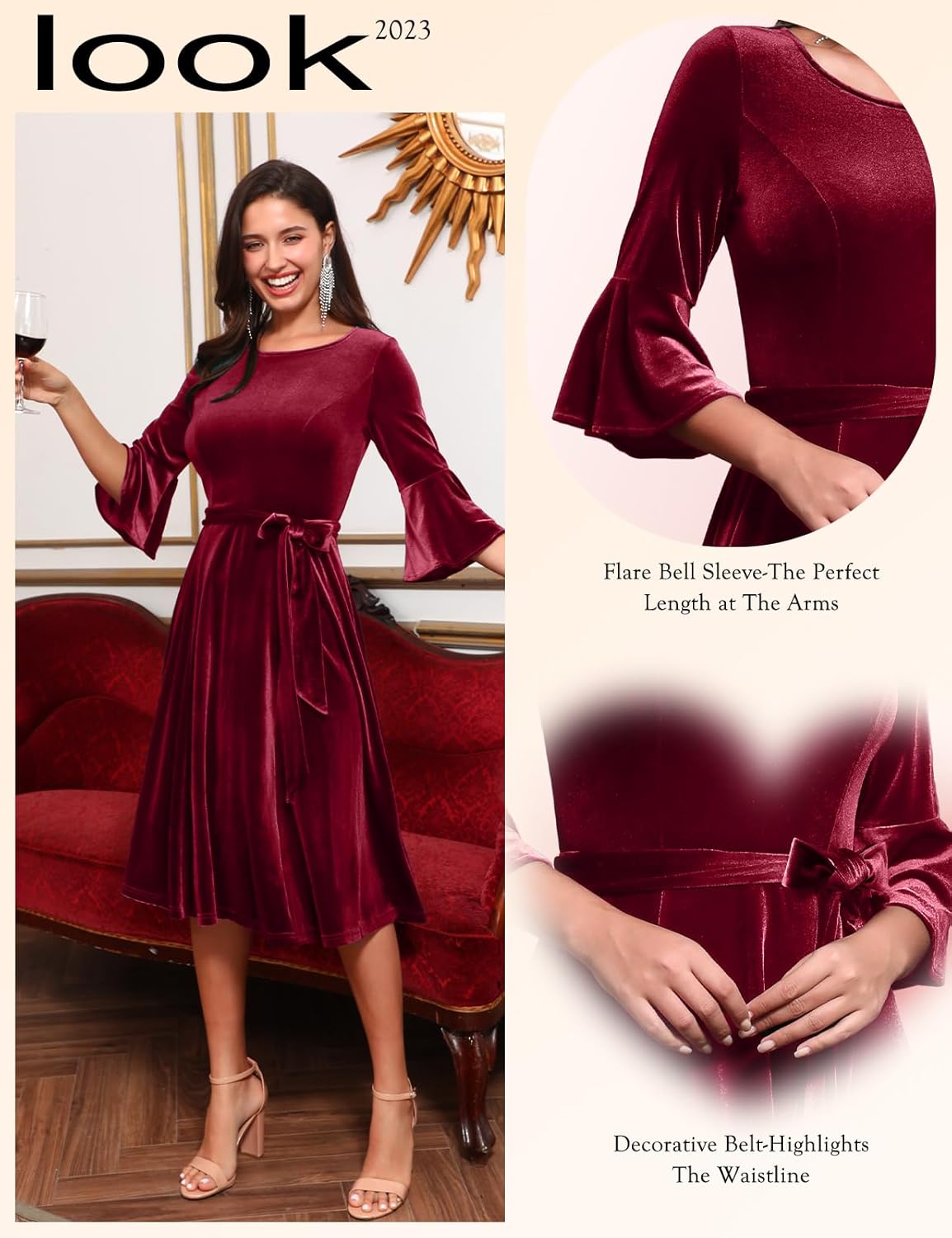 HomRain Women's Long Sleeve Velvet Midi Dresses for Wedding Guest Church Formal Winter Christmas Cocktail Party - Image 3