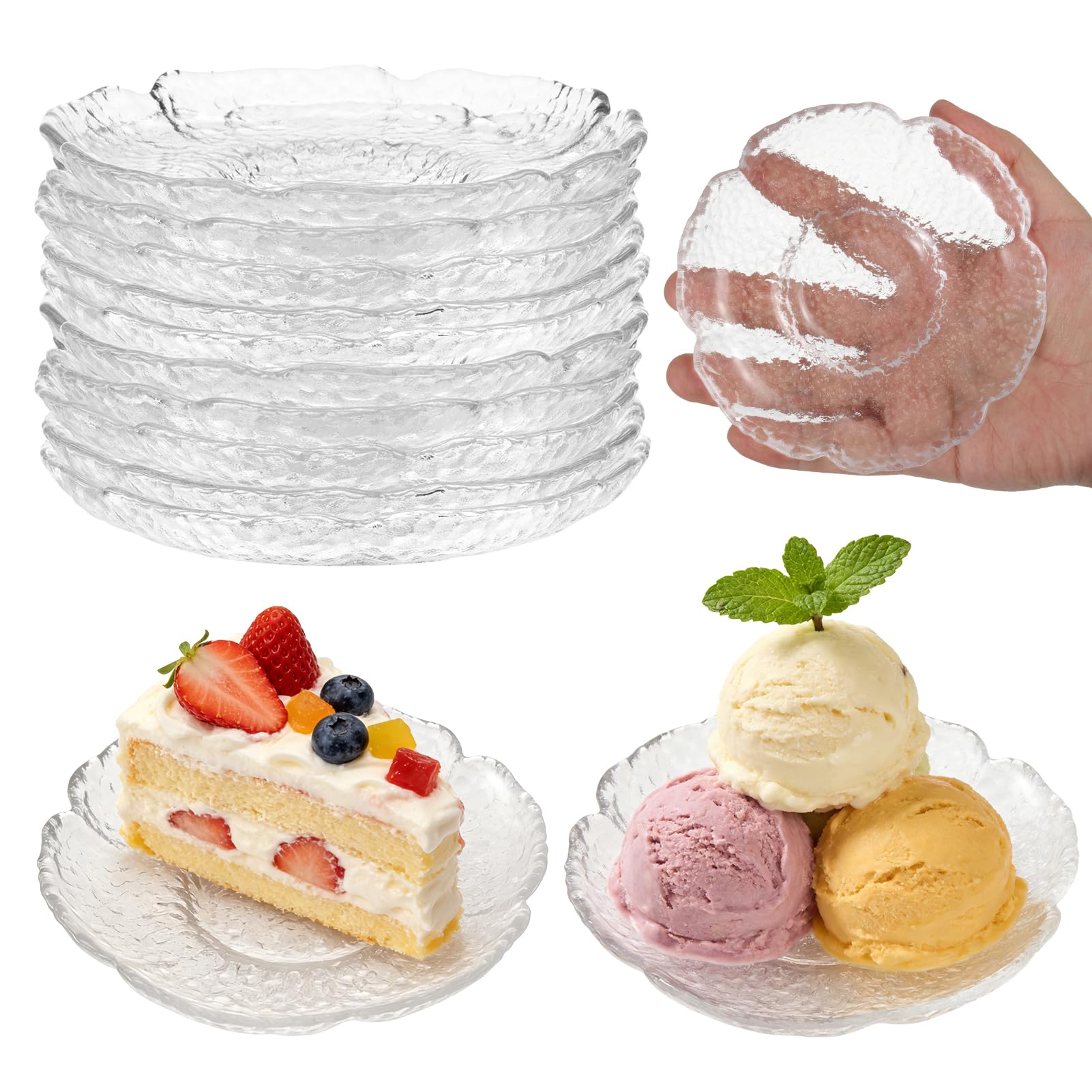 Photo 1 of 10 Pack 4.7 Inch Clear Glass Plates Vintage Glass Small Dessert Plates Mini Dinner Dishes for Serving Appetizers Sauces Snacks Fruit Salad Dessert and Cake Stylish Table Coasters Set for Teacups