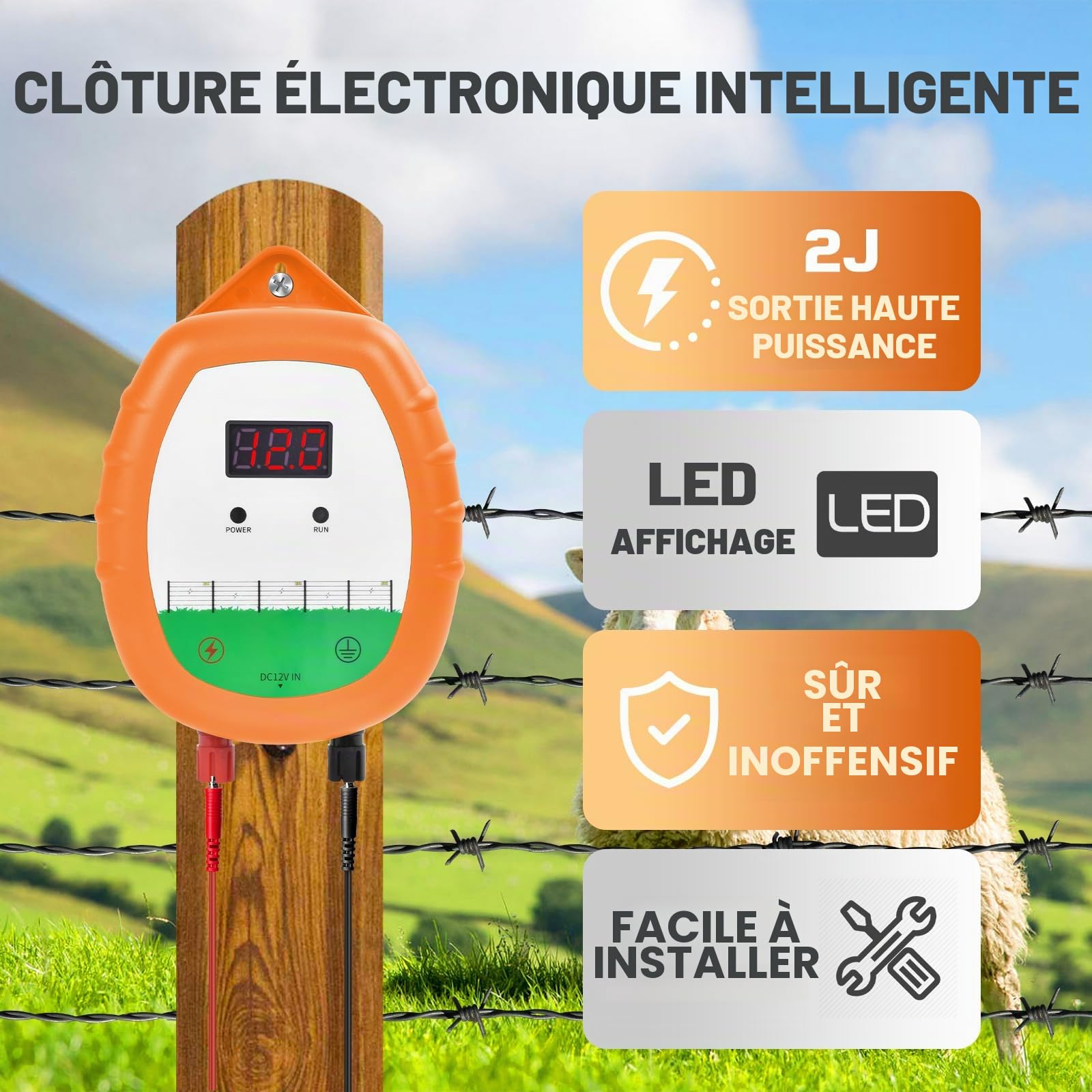 Cloture Electrique de 10 km Clôture électrique Kit : 1 électrificateurs + 1 fil canducteurs 200 m 2,2 mm² + 1 étui étanche - Clôture électrique pour bétail, chevaux, bergers (Orange)
