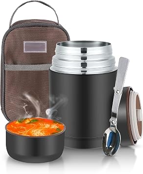 lazycozy Thermos Food Containers for Hot Food, 27 oz, Soup Thermos with Foldable Spoon, Stainless Steel Vacuum Insulated Food Jar, Leak-Proof, with Carry Bag, Keep Hot/Cold for 12 Hours