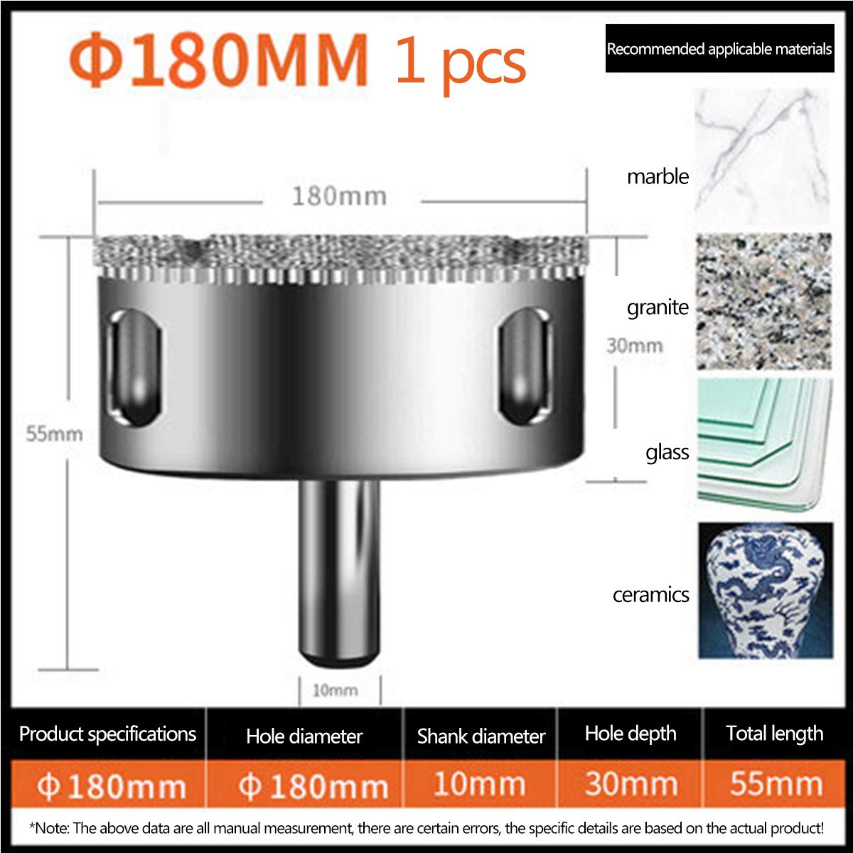 Otwornica, wiertło diamentowe Głębokość otworu: 30 mm, średnica chwytu wiertła: 10 mm, cechy: trwałe, bez piasku, średnica cięcia: 180 mm