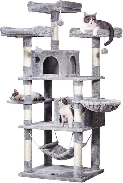 JISSBON Cat Tree Tower 170cm Cat Scratching Post with Condos, Basket, Hammock & Plush Perches for Kittens, Large Cats, Light Grey