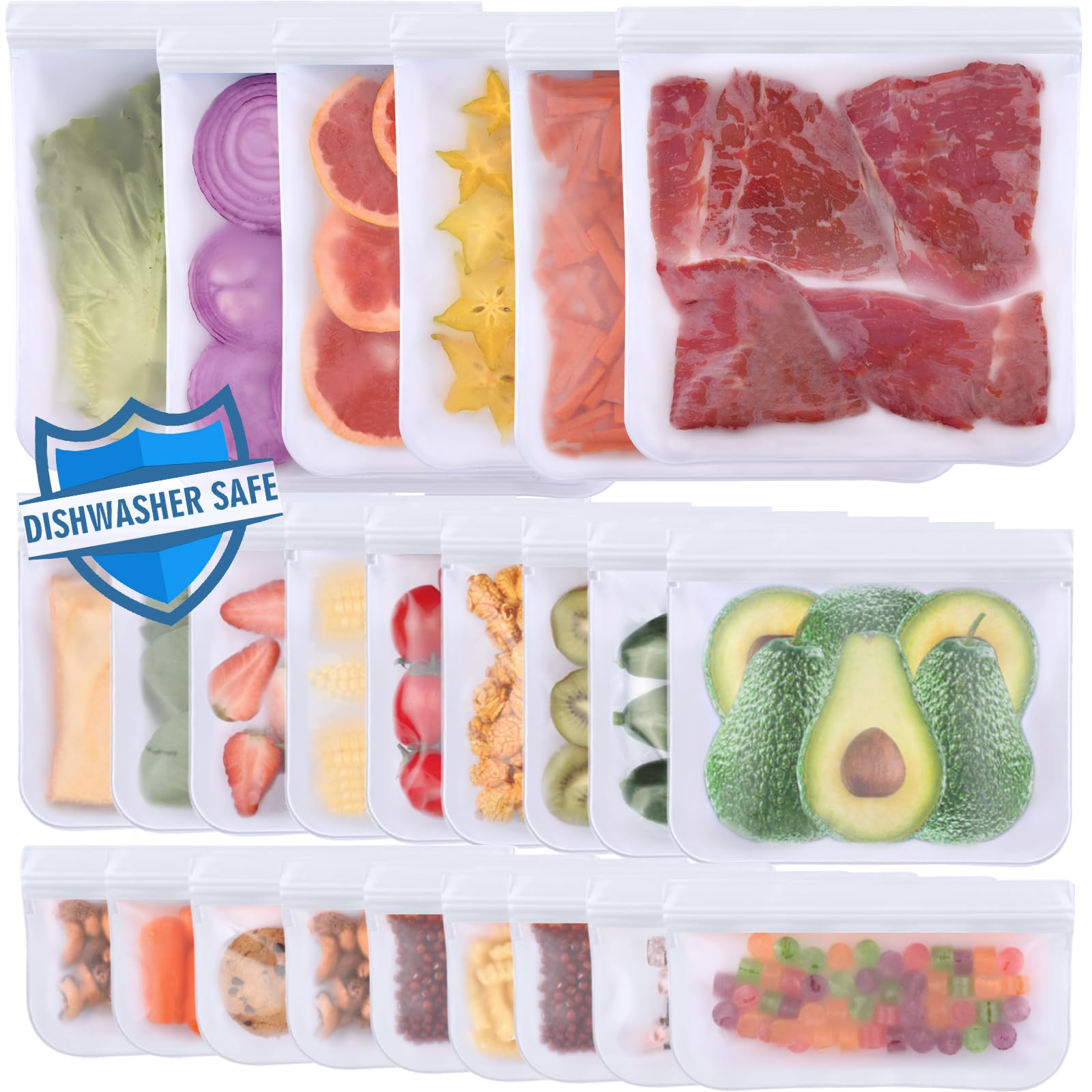 Lerine24 Pack Dishwasher Safe Reusable Bags Silicone, Leakproof Reusable Freezer Bags, BPA Free Reusable Food Storage Bags for Lunch Meat Veggies (6 Gallon 9 Sandwich 9 Snack Bags) - White