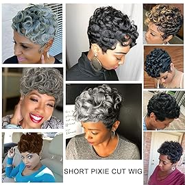MOONSHOW Grey Wigs for Black Women Black Mixed Grey Pixie Cut Wig Short Gray Hair Wigs for Black Women Synthetic Ombre Grey Short Curly Pixie Wig (Ombre Grey)