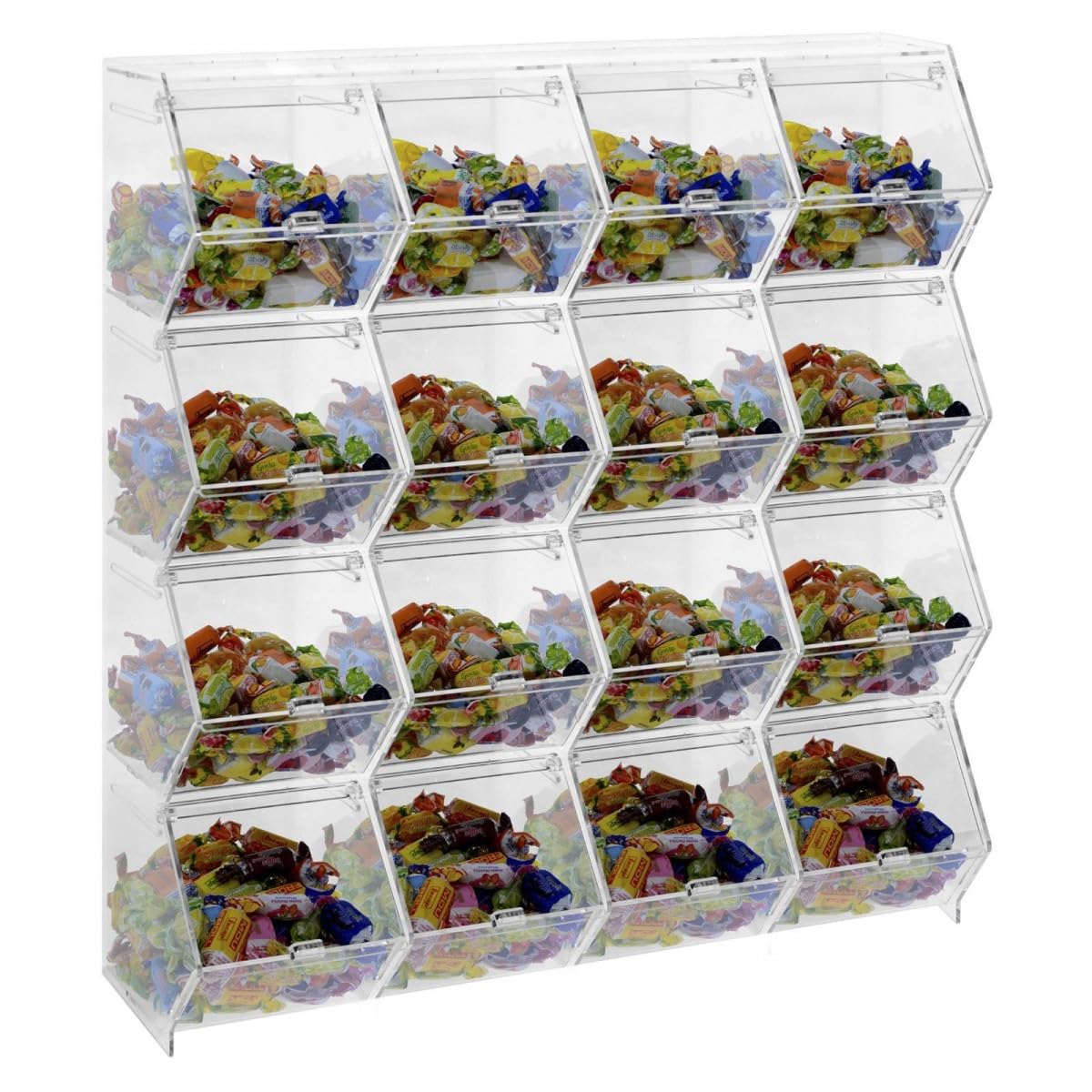Porta caramelle confezionate da banco o da parete in plexiglass trasparente a 16 scomparti CON sportello a scomparsa - Misure totali: L 52 x P 18 x H 60 cm