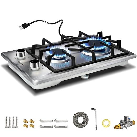 2 Burner Propane Cooktop - 12 Inch Stainless Steel Gas Stove for LPG/NG Dual Fuel, Portable Gas Burner with Flame-out Protection for Apartment, Kitchen, RV, Indoor, Outdoor 110V Plug in