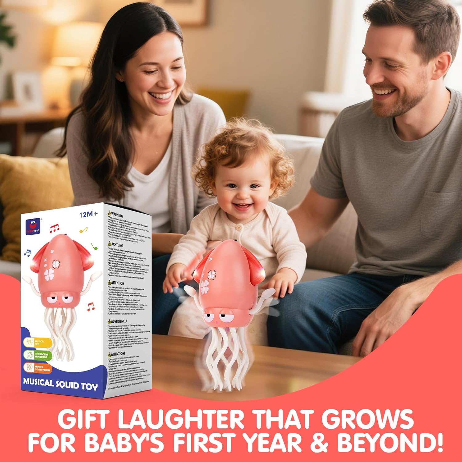 hahaland Tummy Time Toys, Dancing Squid Toy Musical Moving Crawling Baby Toys Developmental Funny Gifts for Babies Rechargeable Electric Octopus Baby Toys 1 Year Old Girl Gifts Easter Basket Stuffers