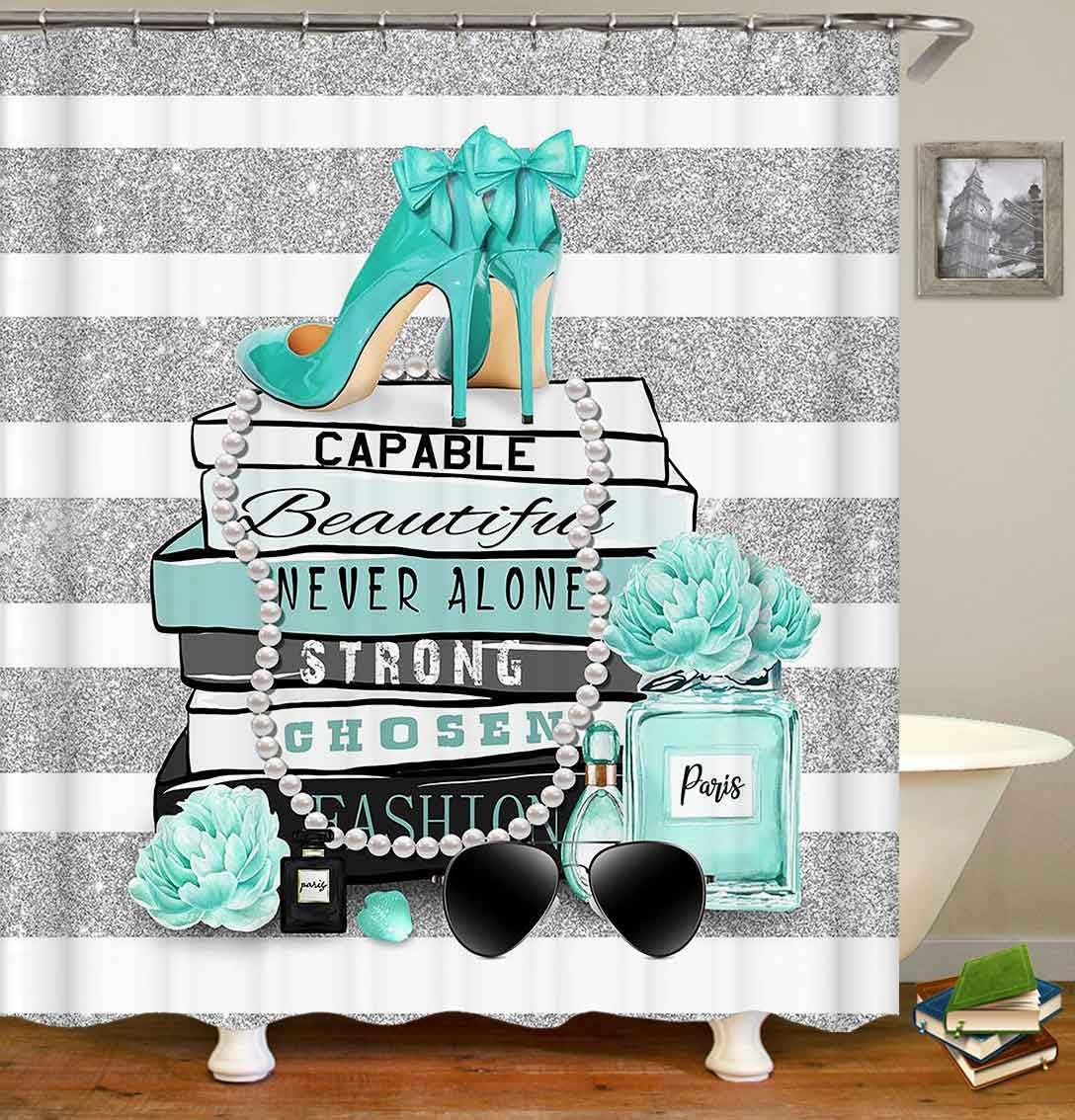 4PCS Silver and White Striped Shower Curtain Sets with Rugs, Waterproof Fabric Shower Curtain, Positive Quotes Teal High Heels Mint Green Floral Perfume Makeup Modern Fashion Bathroom Decor