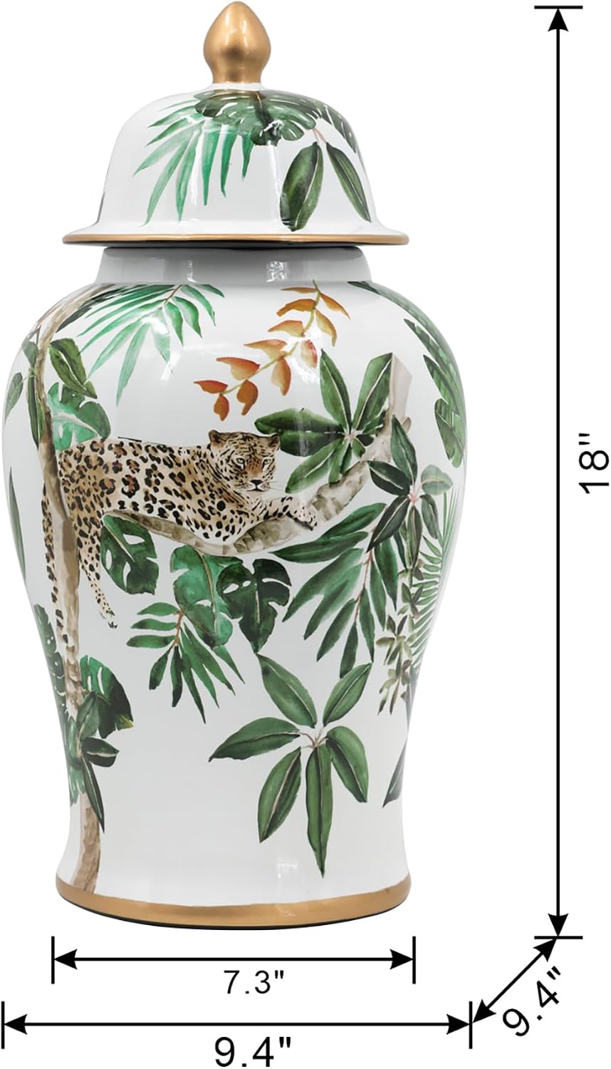 A&B Home 18" Porcelain Ginger Jar with Green Leaf Pattern, Large Lidded Jar for Storage, Home Decor Tabel Top Centerpiece Decorative Vase