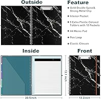 Vista 3 de Hongri Portapapeles Folio con libreta forrada recargable, carpetas de 8.5 x 11 con 10 bolsillos de almacenamiento, portafolio espiral, tamaño 12.8 x