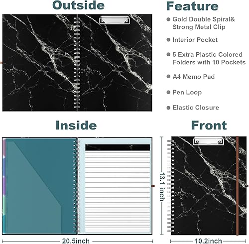 Miniatura 3 de Hongri Folio portapapeles con bloc de notas forrado recargable, carpetas de 8.5 x 11 pulgadas con almacenamiento de 10 bolsillos, cartera en