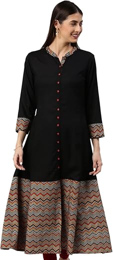 Yash Gallery Women's Cotton Relaxed Fit A Line Rayon & Cambric Zig-Zag Printed A-Line Kurta