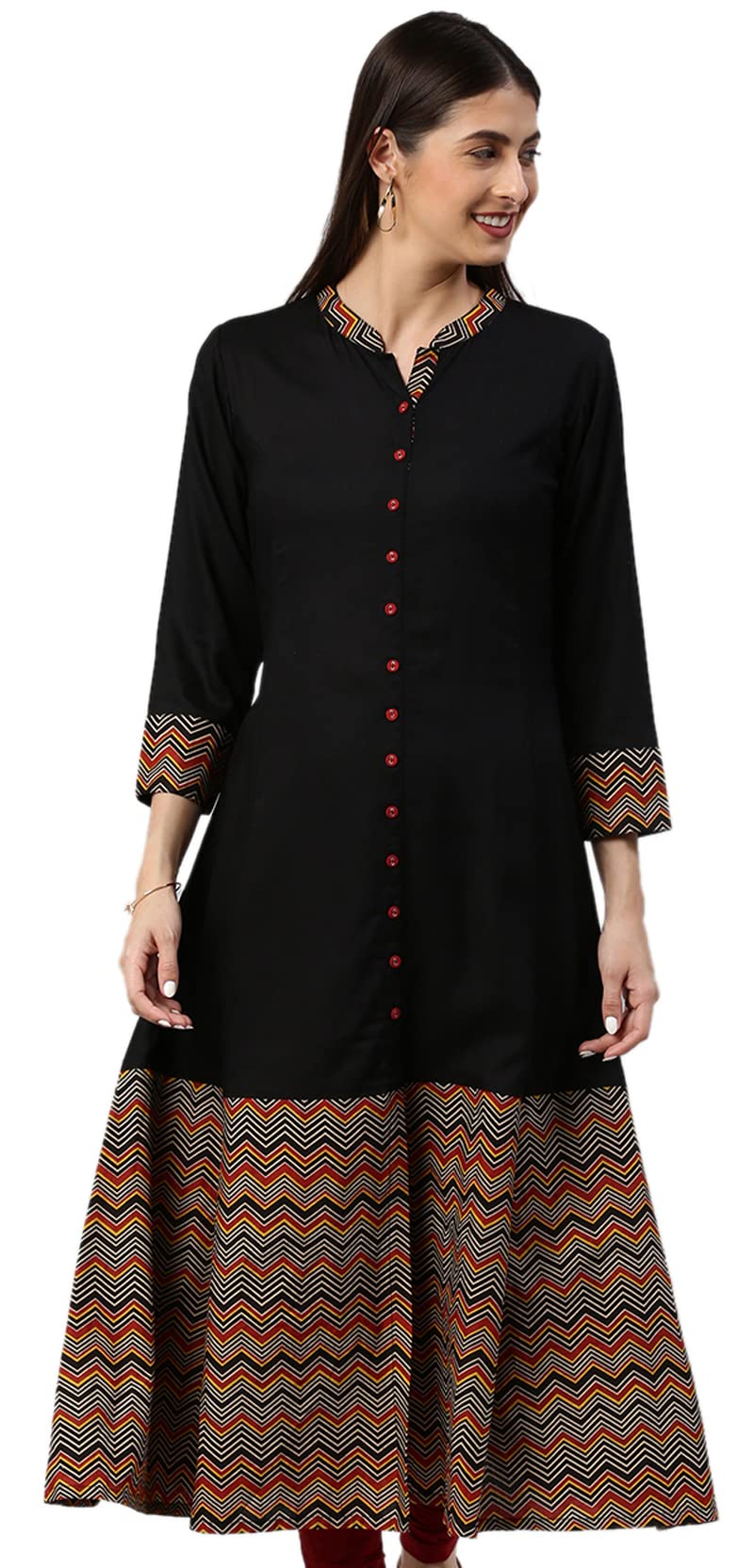 Women's Rayon & Cotton Cambric Zig-Zag Print A-Line Kurta for Women
