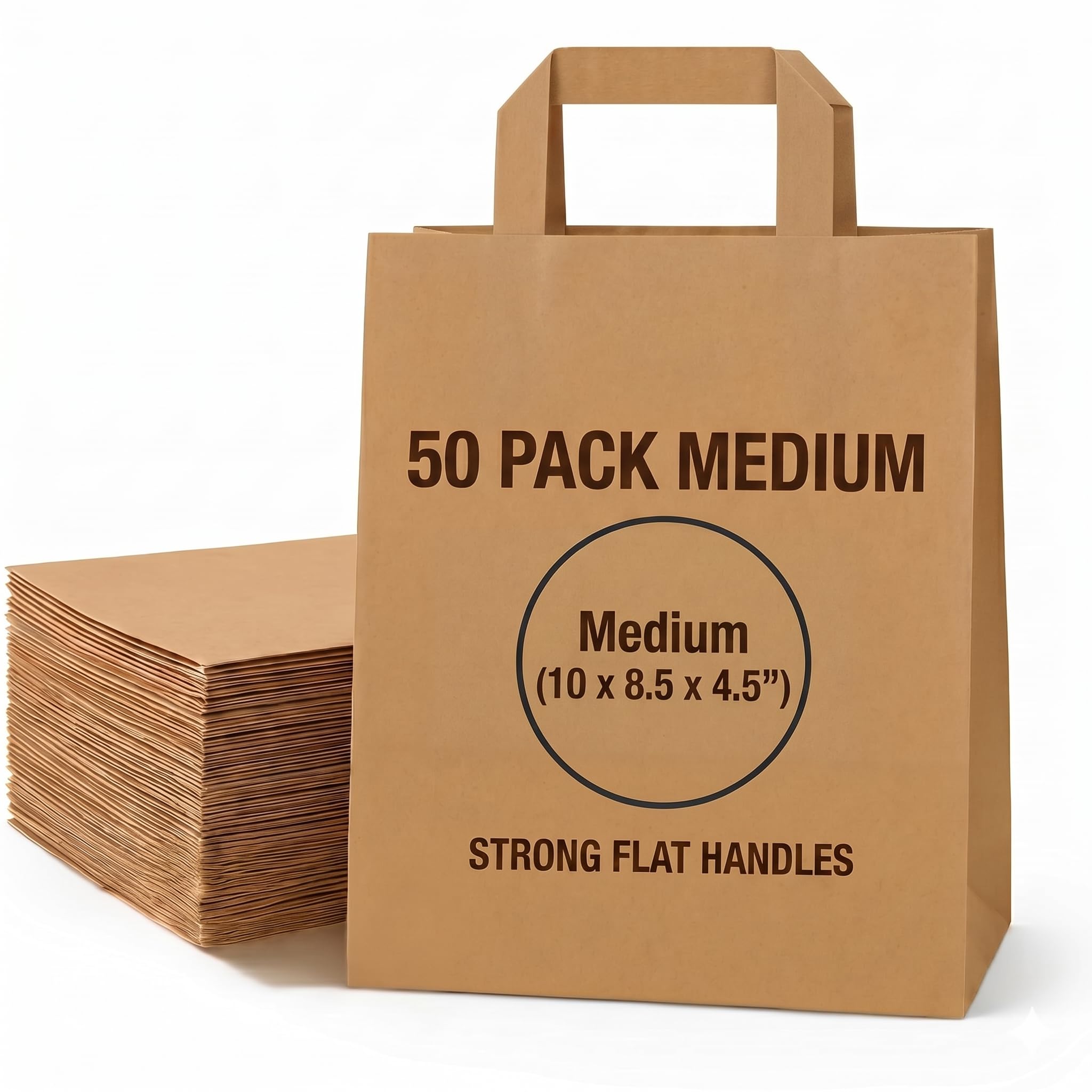 The Happy Garden Brown Kraft Paper Bags with Handles (50 Pack Medium), Eco-Friendly 80gsm Strong Takeaway, Tear Resitant Grocery & Gift Bag, Recyclable, Food Safe, Reusable Shopping & Lunch Bags