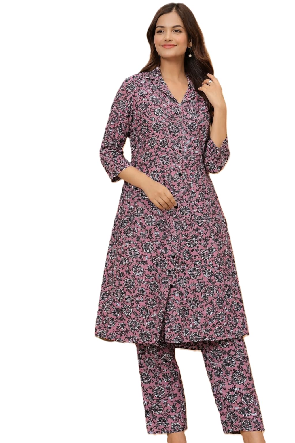 gulabi dor Long Co-Ord Set for Women | Floral Printed Cotton Blend Top 46" with Shirt Collar & 3/4 Sleeves & Matching Pants 38" | Stylish Casual and Office Wear-picture-11