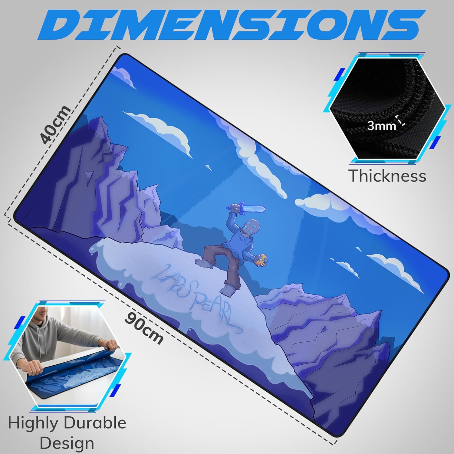 Extended Gaming Mouse Pad, XXL Desk Mat with Artistic Blue Cloud Design, Water-Resistant Surface, Non-Slip Rubber Base, 90 x 40 cm