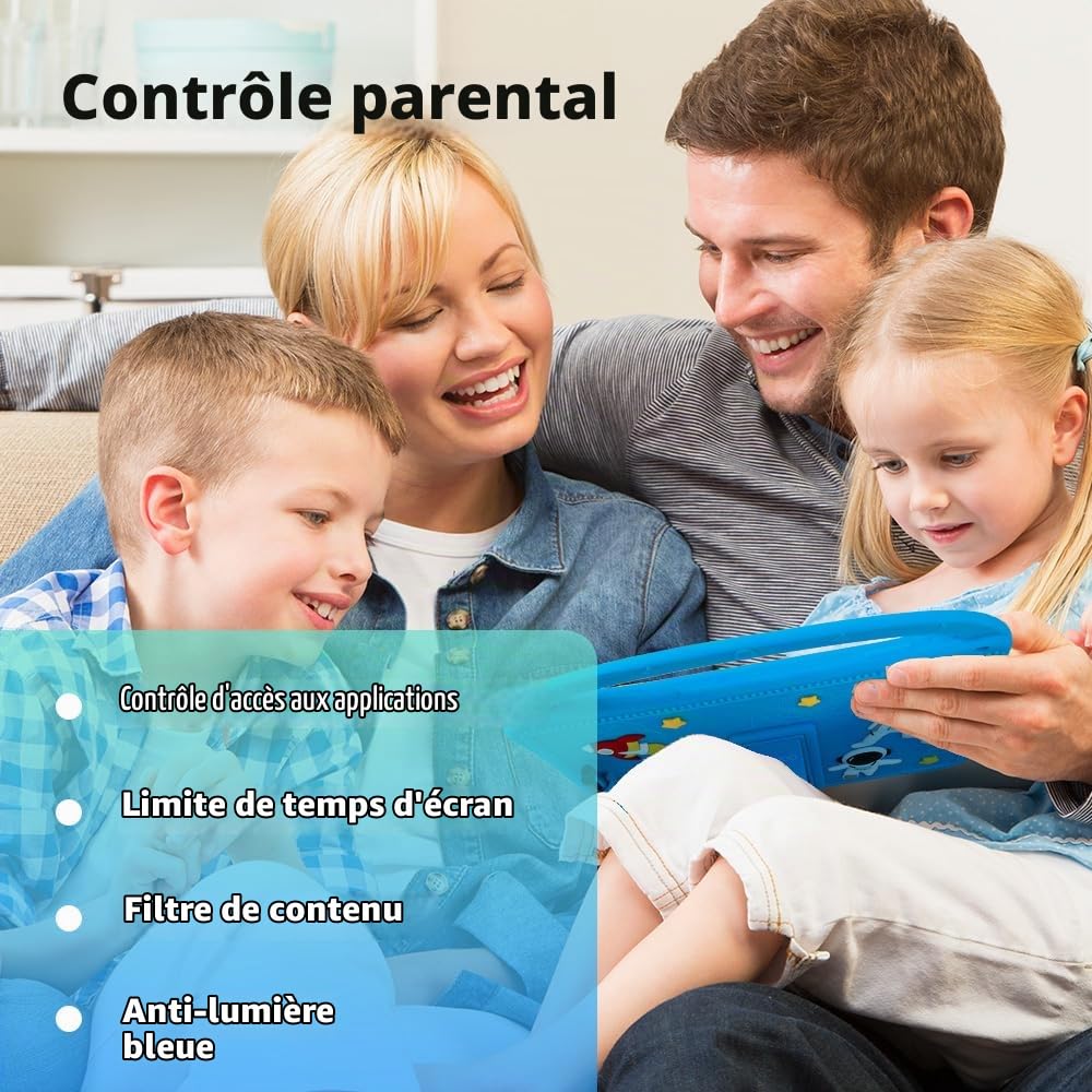 Veidoo Tablette Enfant 10,1" Android 15, 11 Go RAM (3 Go + 8 Go Ext.), 64 Go ROM, WiFi 6, Contrôle Parental, Stylet, Reconnaissance Faciale, Coque Anti-Choc, Jeux Éducatifs (Bleu)