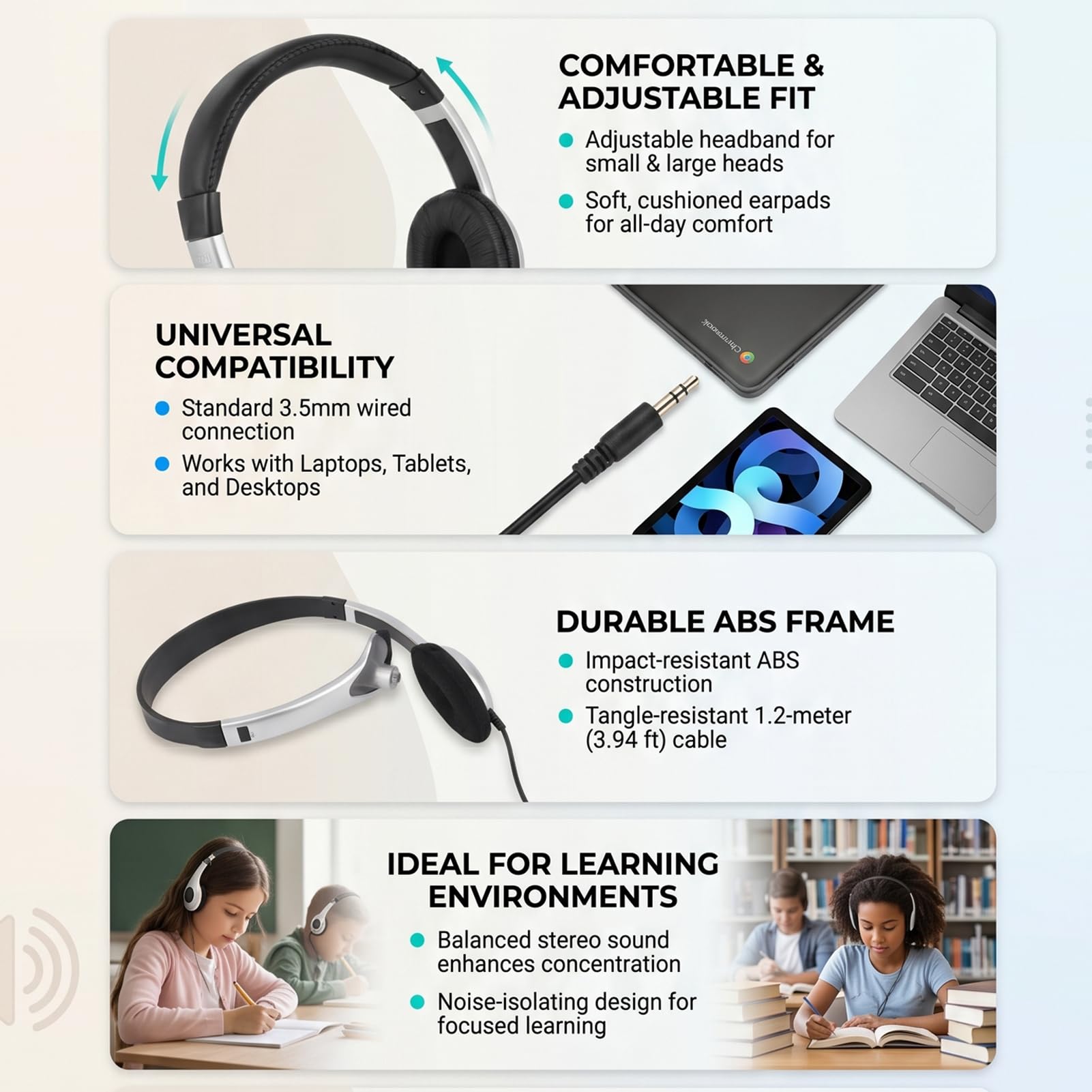 GOWENIC Confezione da 10 Cuffie Cablate per Bambini | Sopra l'orecchio con Archetto Regolabile con Jack da 3,5 Mm per Viaggi di Apprendimento Online della Biblioteca Scolastica in Classe