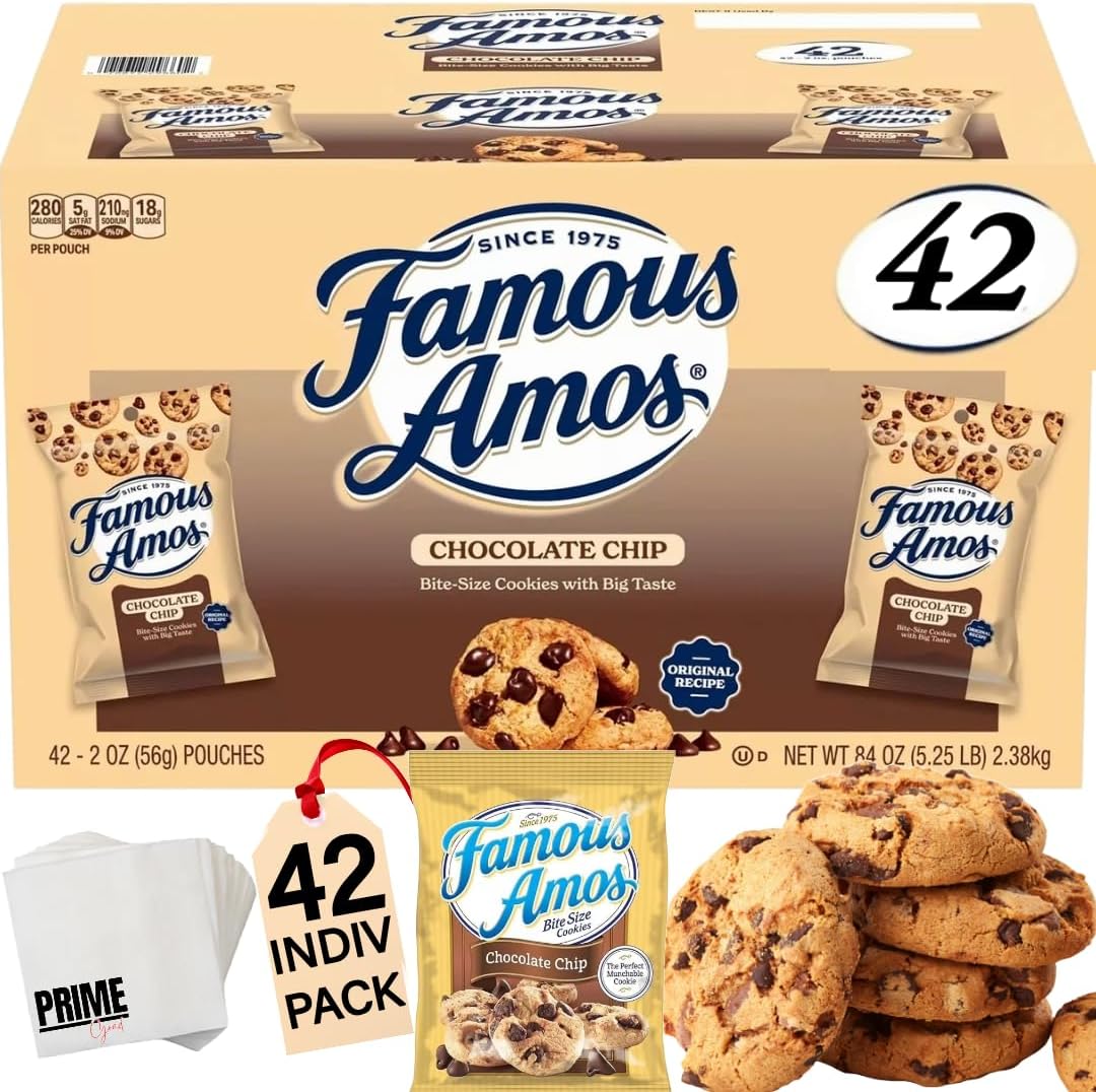 PRIME GRADE Famous Amos Chocolate Chip Cookies, 42ct of 2oz Bags, Bundle Vaule Box