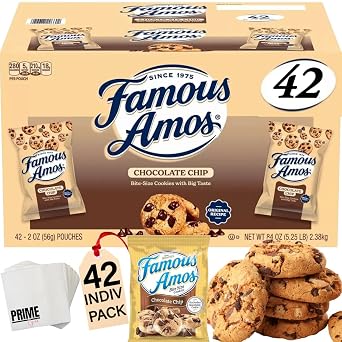 PRIME GRADE Famous Amos Chocolate Chip Cookies, 42ct of 2oz Bags, Bundle Vaule Box