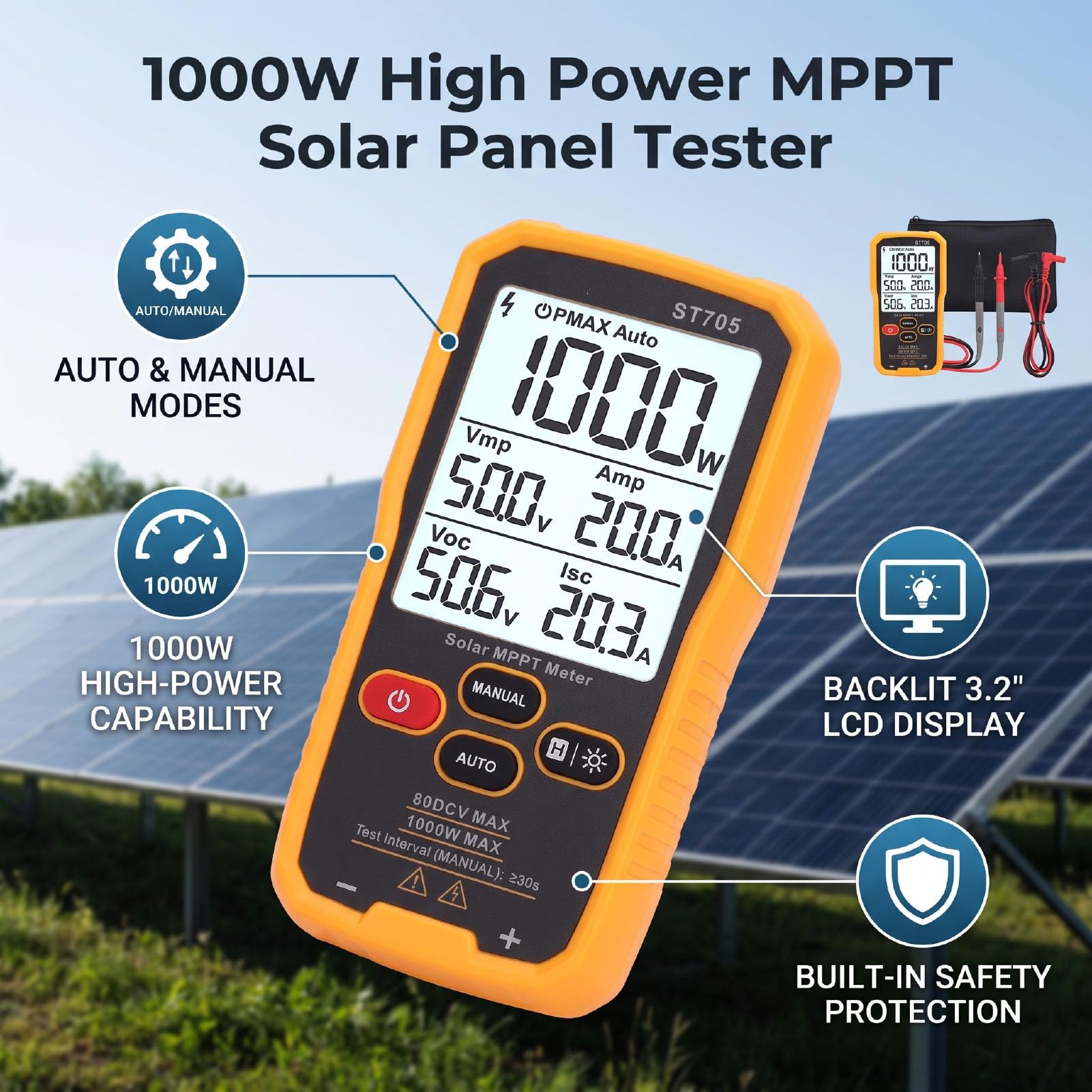 Jiawu Tester Paneli Słonecznych o Mocy 1000 W Miernik MPPT, Testowanie Mocy Modułów Fotowoltaicznych