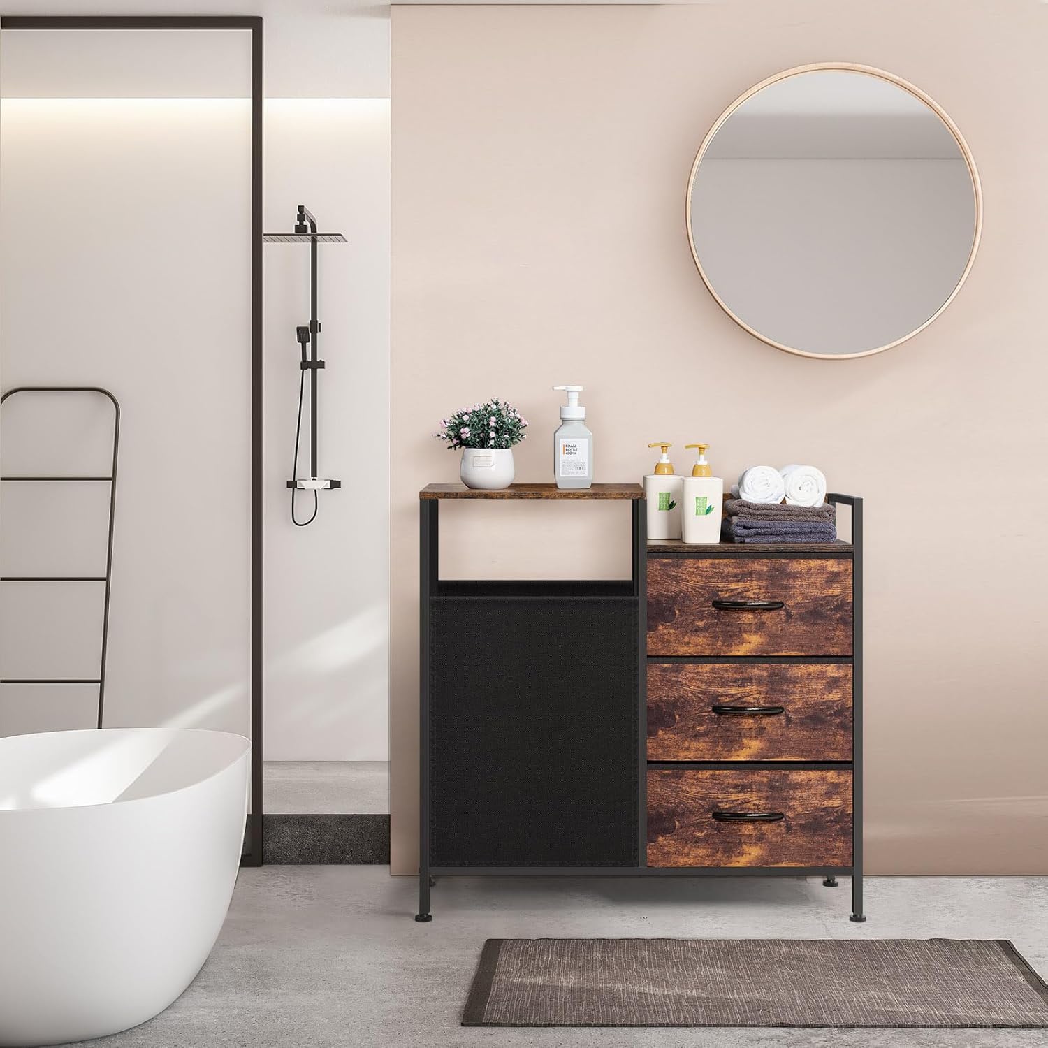 Laundry Hamper with Top Shelf, Laundry Basket Organizer with 1 Large Removable Dirty Clothes Bag & 3 Pull-Out Cloth Drawer, Dirty Clothes Hamper Organizer for Laundry Room Bathroom and Dorm