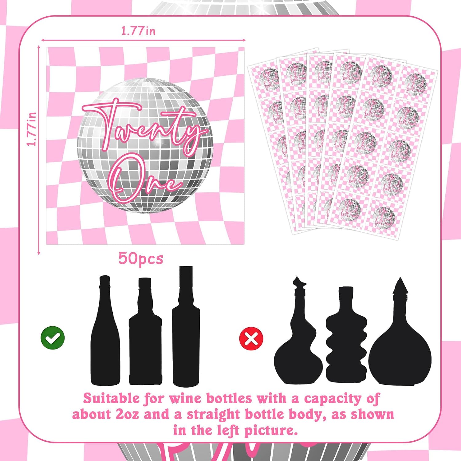 21st Birthday Mini Wine & Champagne Bottle Labels Party Favors 50pcs – Disco Ball-Themed Mini Liquor Bottles Shot Glass Labels Stickers 21 Years Old Happy Birthday Party Decorations