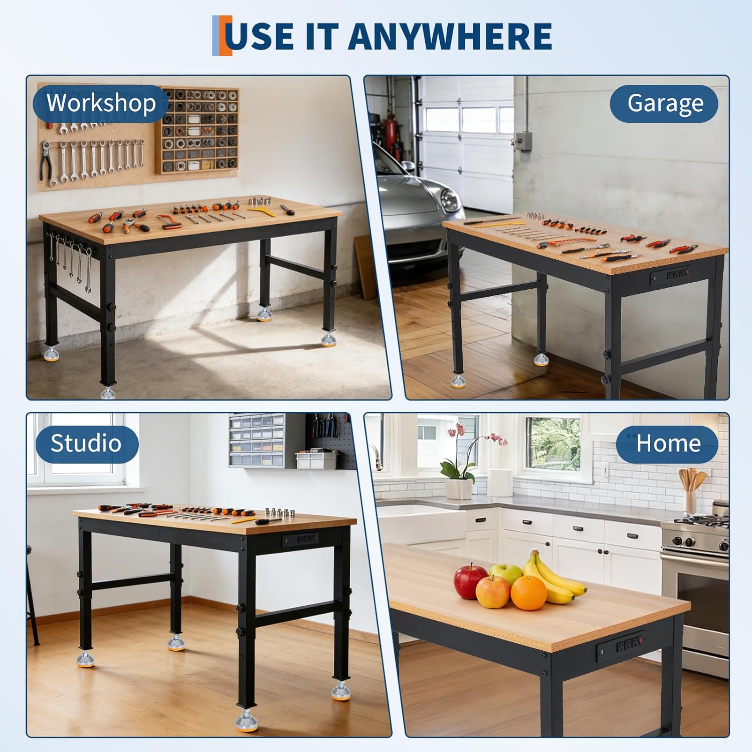 48" Work Bench, 48" x 24" Workbench with Power Outlet, Adjustable Height Work Benches for Garage, 2000 LBS Tool Bench for Workshop & Home