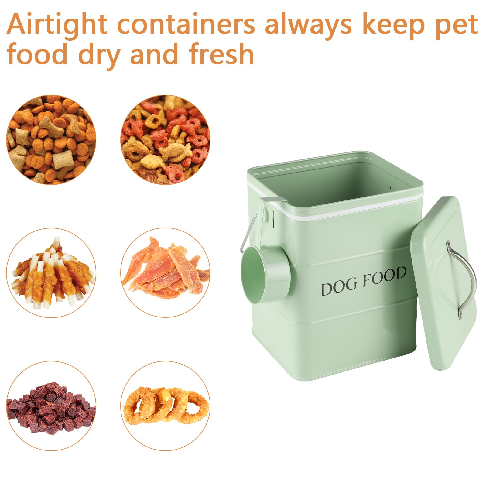 Geyecete-Contenitori Cibo Cane,Contenitori per alimenti per animali domestici,Contenitore crocchette Cani,in acciaio al carbonio rivestito,con coperchio e cucchiaio,Capacità 6L-verde