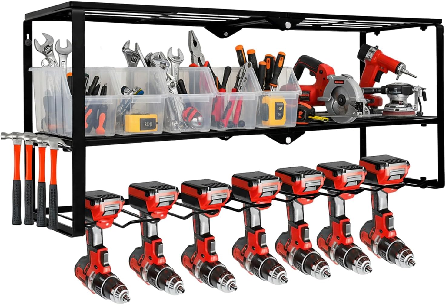 Power Tool Organizer Wall Mount, 3 Layers Drill Holder Rack Charging Station with Adjustable Hooks & 8 Drill Holders, Heavy Duty Garage Storage for Cordless Drills, Tools & Accessories